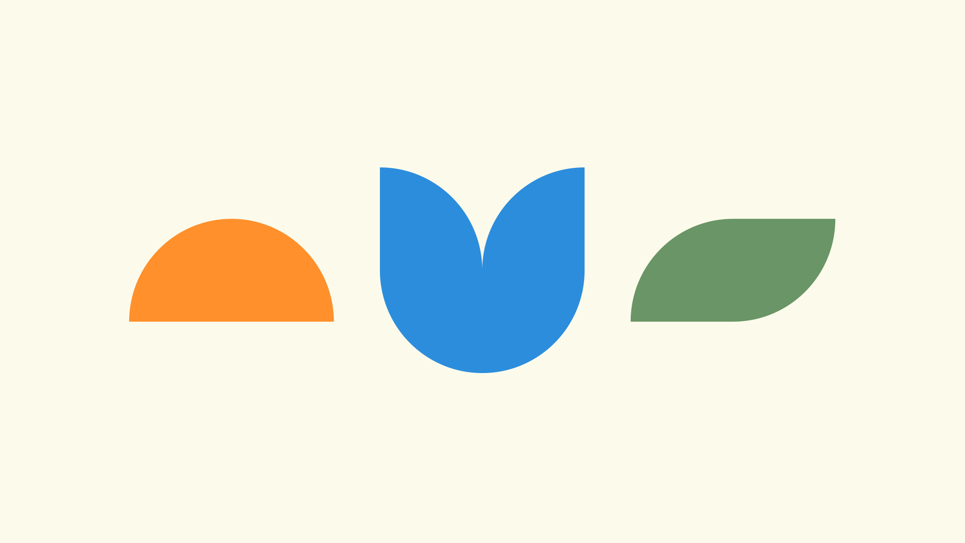 Abstract floral design with a semi-circle orange shape on the left, a blue flower-shaped figure in the center, and a green leaf shape on the right against a light beige background.