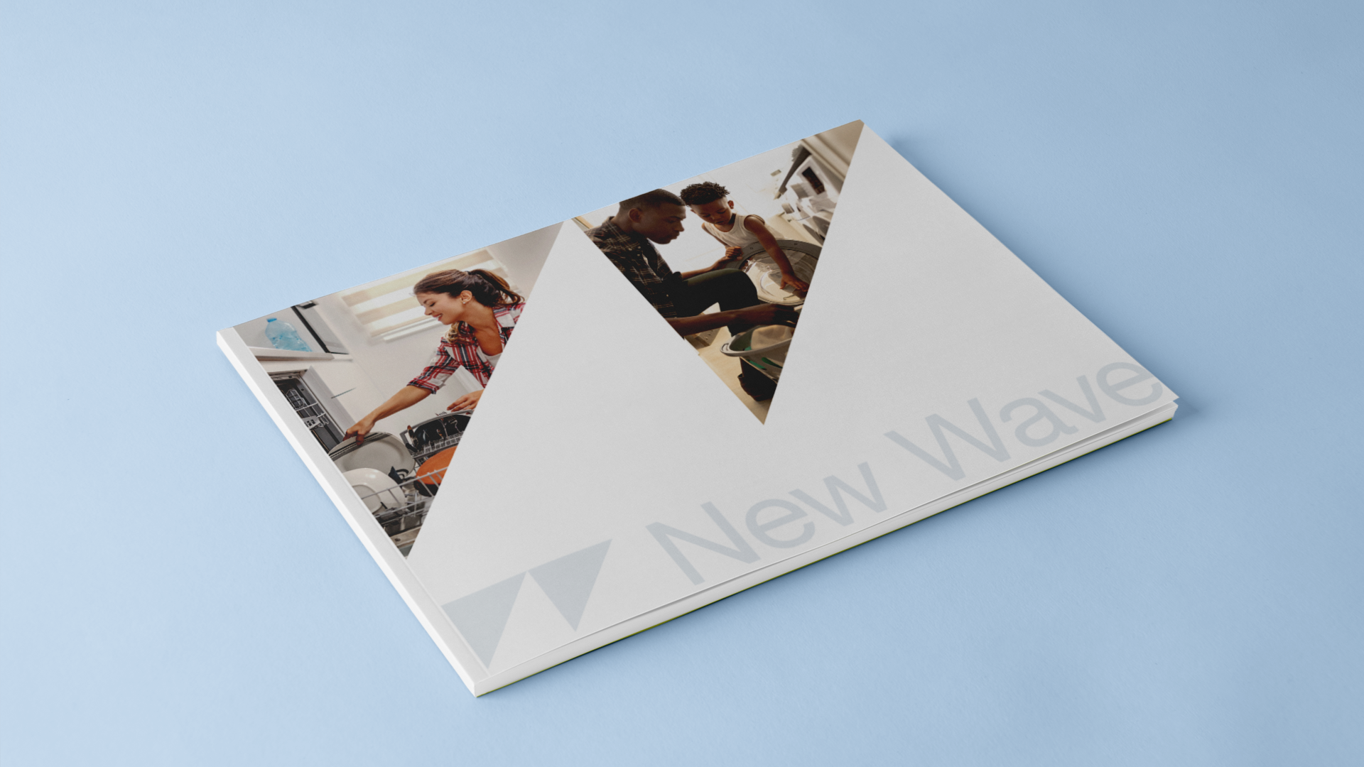 A booklet with a white cover featuring a geometric design and the words 'New Wave' on it. The cover has two triangular images: one of a woman doing dishes in a kitchen, and the other of a man and child sitting together, possibly doing homework.