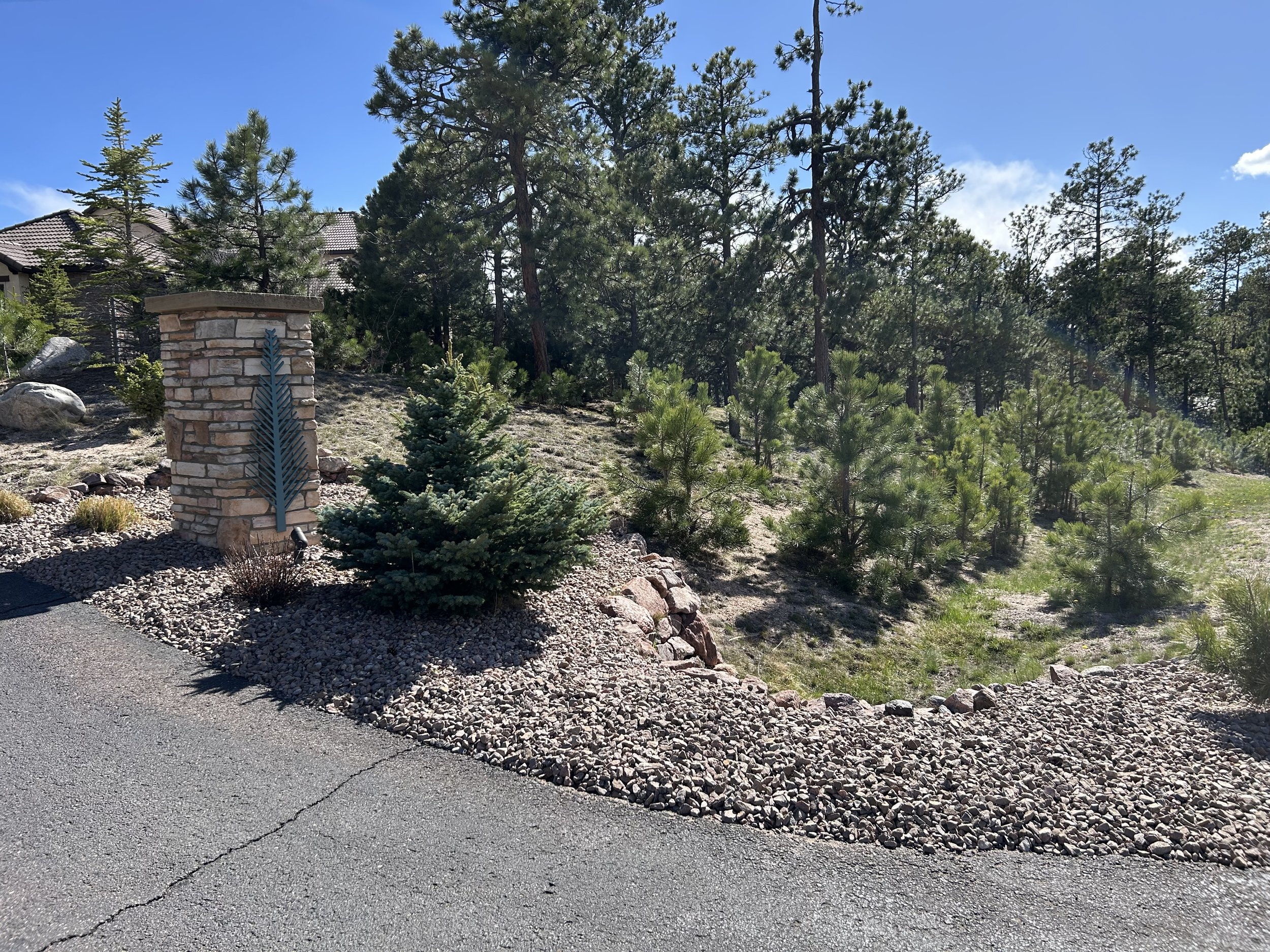 A landscape with a sloped hillside covered in small pine trees and shrubs, a stone and brick pillar with a metal decorative leaf attached, and a paved road in the foreground.