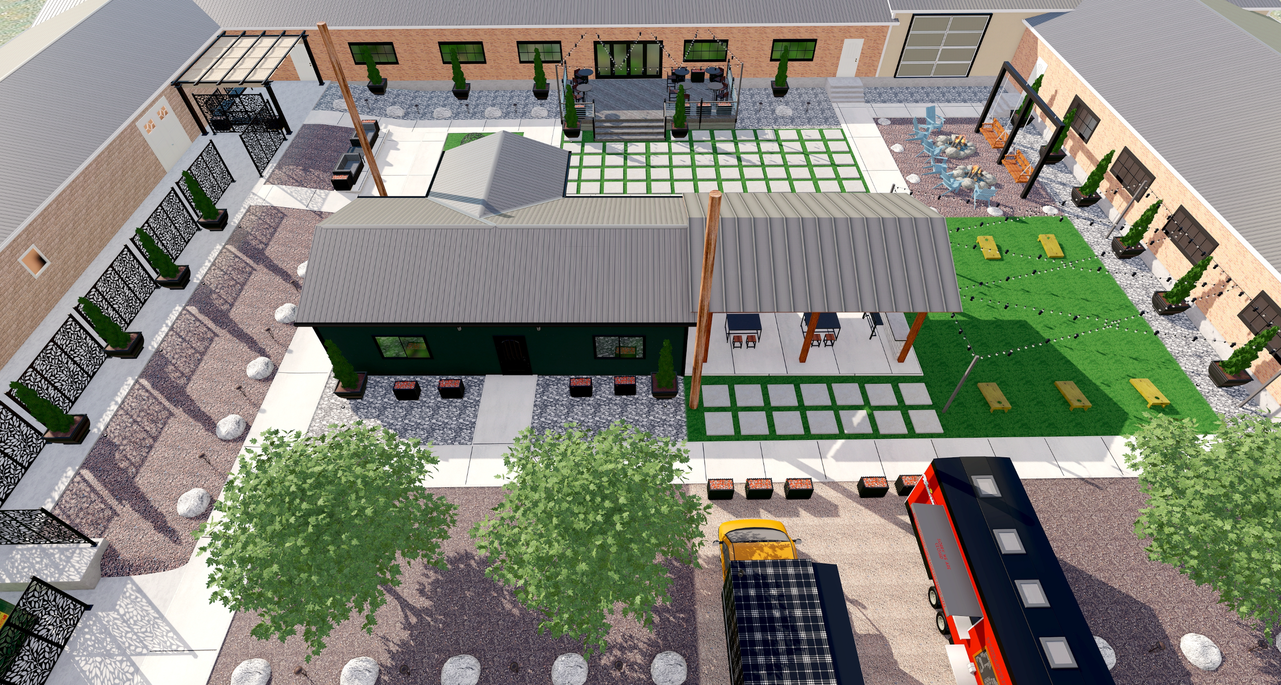 Aerial view of a modern outdoor space featuring a small green building, multiple seating areas, trees, grass, a tarp-covered patio with barstools, a playground with picnic tables, and a food truck.