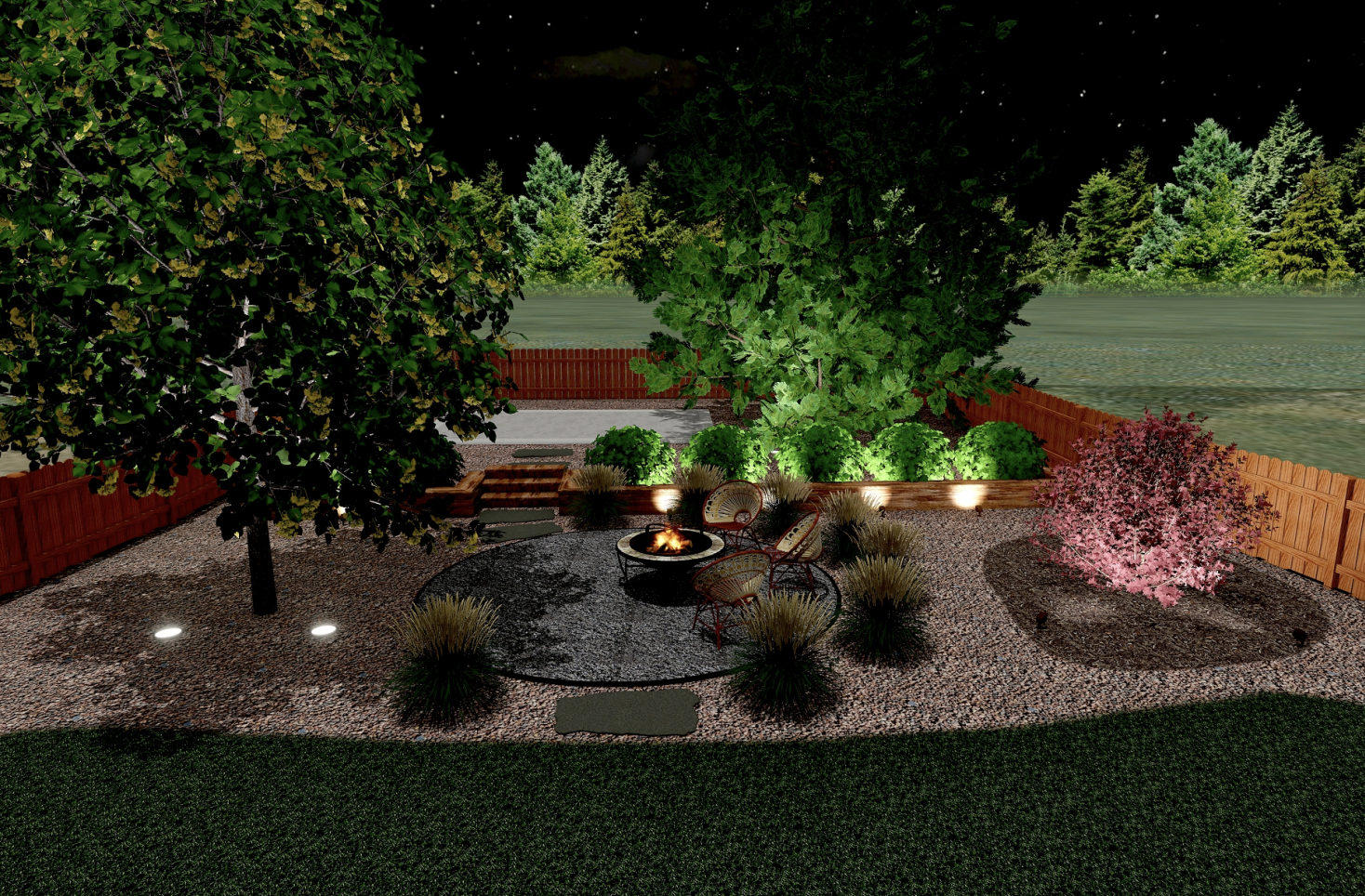 Nighttime view of a landscaped backyard garden with a fire pit surrounded by chairs, various trees including a large leafy tree, a smaller flowering pink tree, and green shrubs, enclosed by a wooden fence.