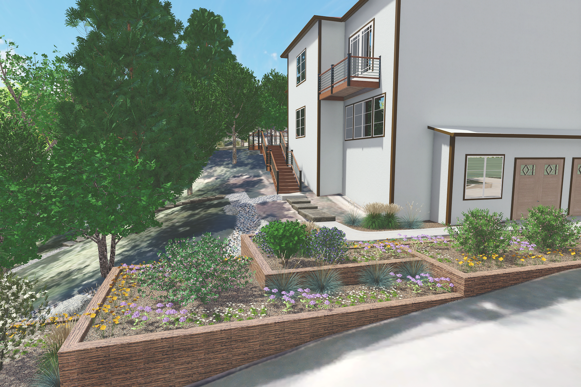 A residential house with a landscaped garden, trees, and a curved stepping stone pathway leading to stairs and a balcony.