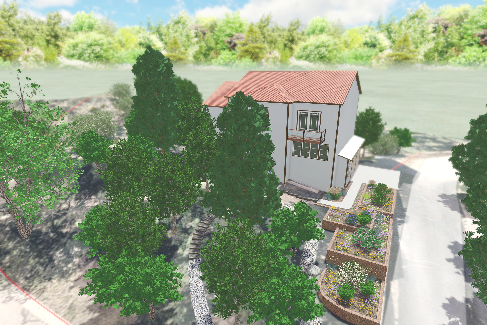 A house surrounded by trees, with a garden and a pathway leading to the front door, under a partly cloudy sky.