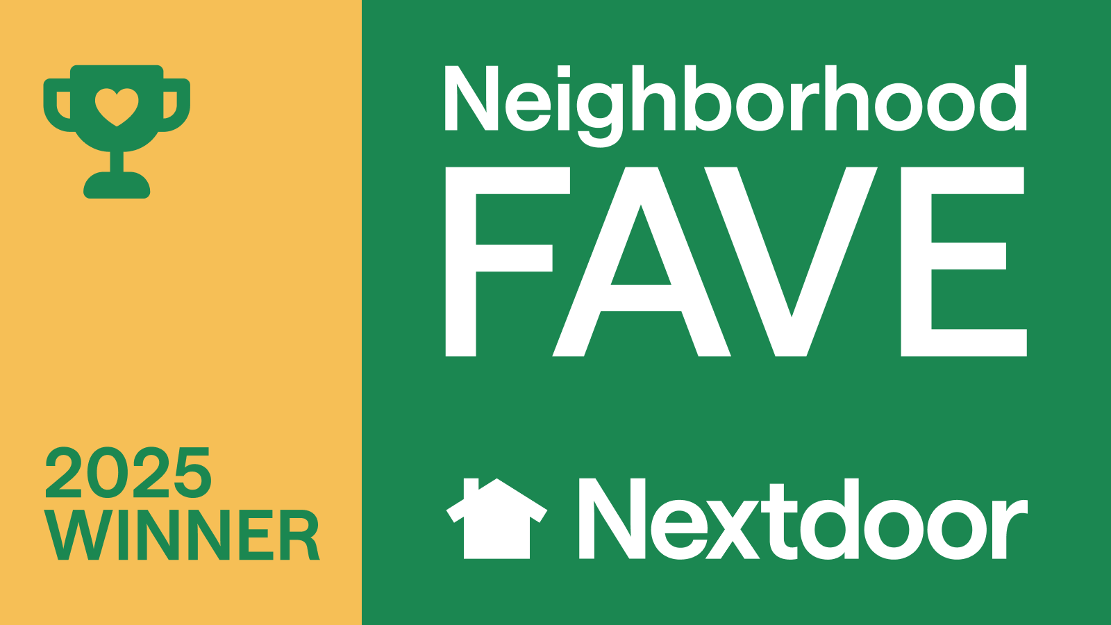 A sign indicating a neighborhood favorite award by Nextdoor for 2025, with a trophy icon and a house icon