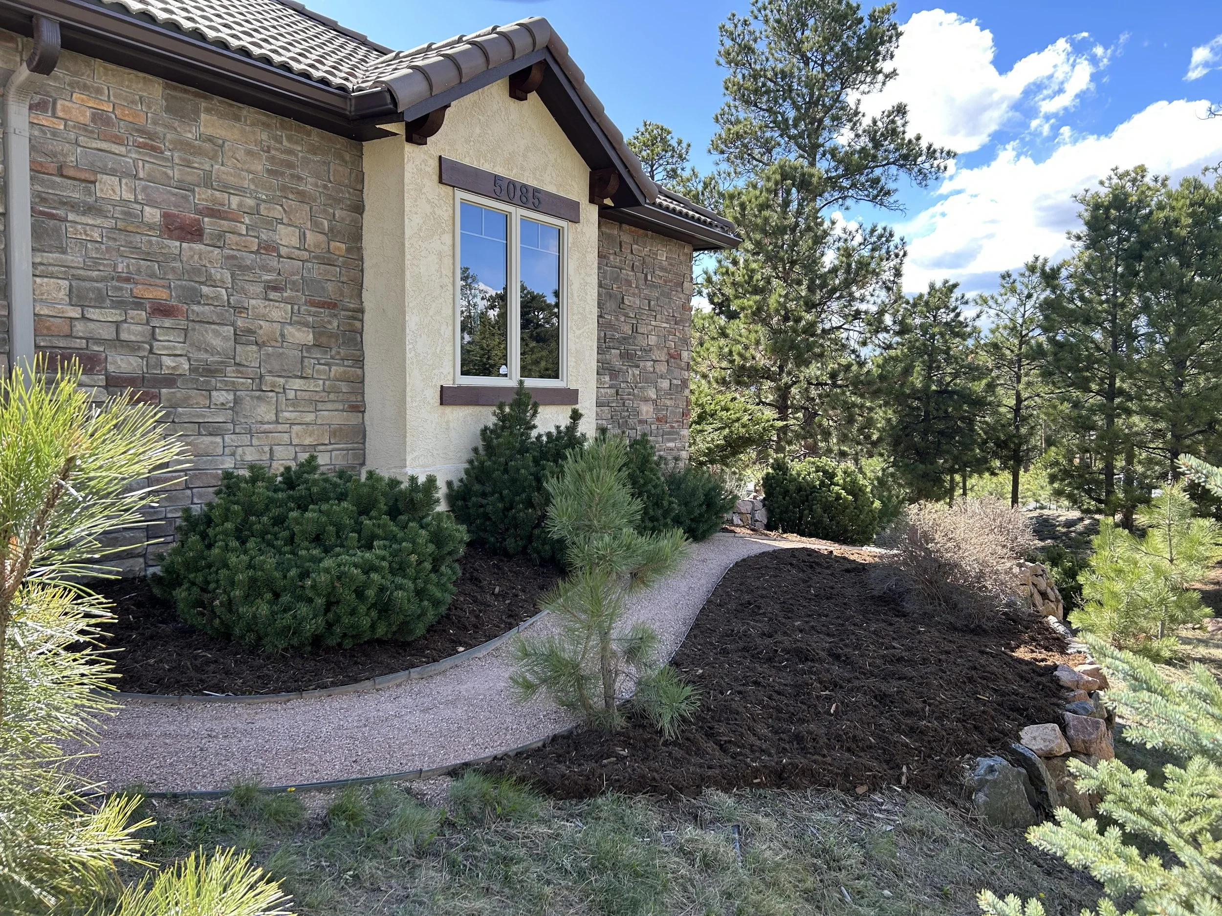 A house with a stone and stucco exterior, a window, and a landscaped garden with bushes, small trees, and a winding gravel pathway, surrounded by tall pine trees under a partly cloudy sky.
