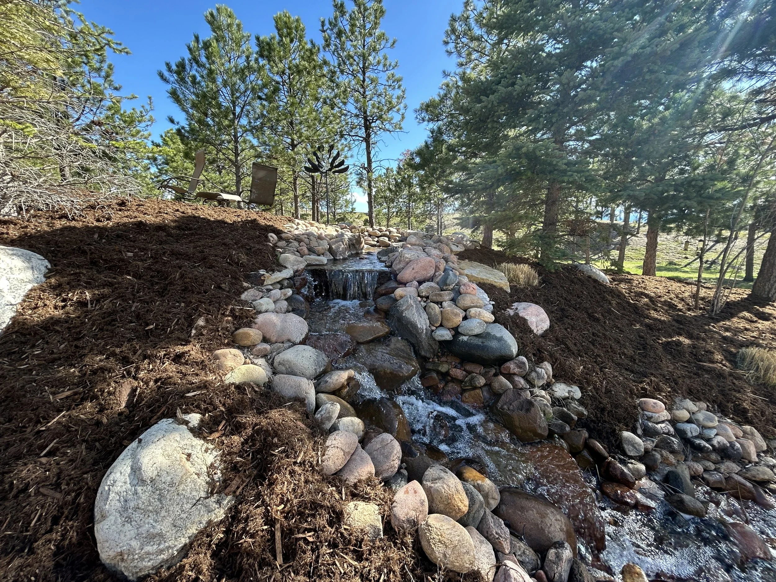 A landscaped garden with a small waterfall flowing over rocks, surrounded by mulch and tall evergreen trees under a blue sky.