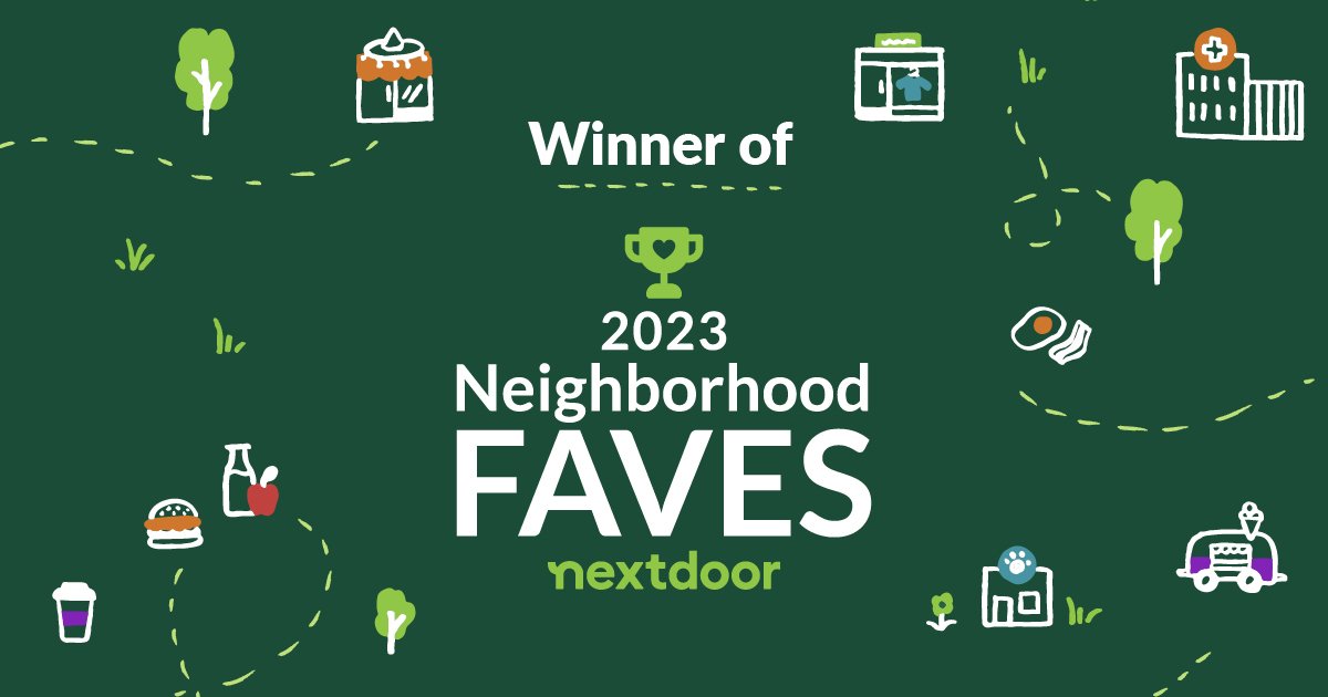 Green background with icons of a tree, restaurant, hospital, park, coffee, burger, water bottle, stroller, house, and playground, surrounding the text "Winner of 2023 Neighborhood FAVES nextdoor."