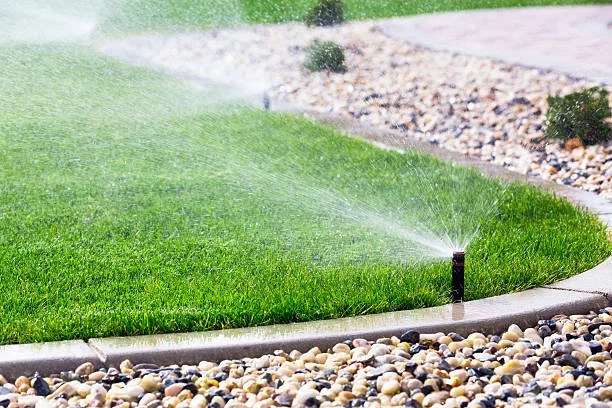 Automatic sprinkler watering a green lawn with small rocks and a stone border.