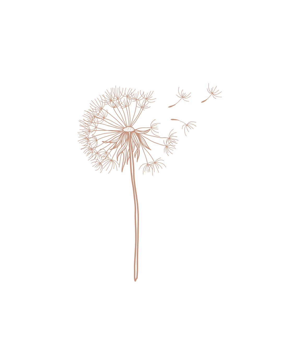 A digital illustration of a dandelion with seeds blowing away against a black background.