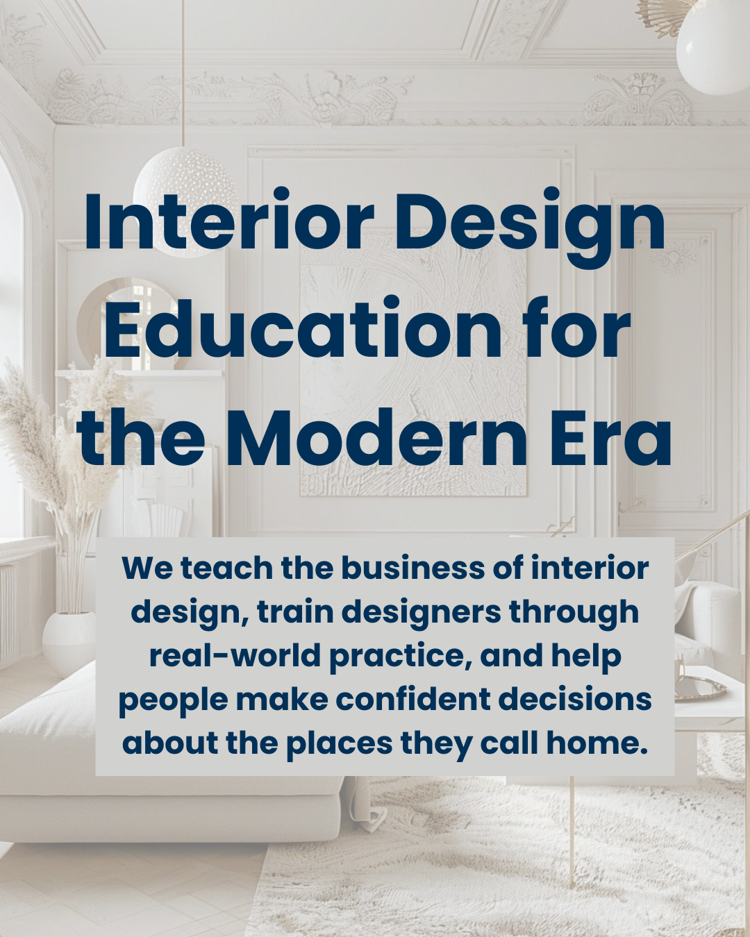 A modern, minimalist interior living room with white walls, a white sofa, a large abstract wall art piece, a light fixture hanging from the ceiling, and a vase of dried pampas grass on a side table.