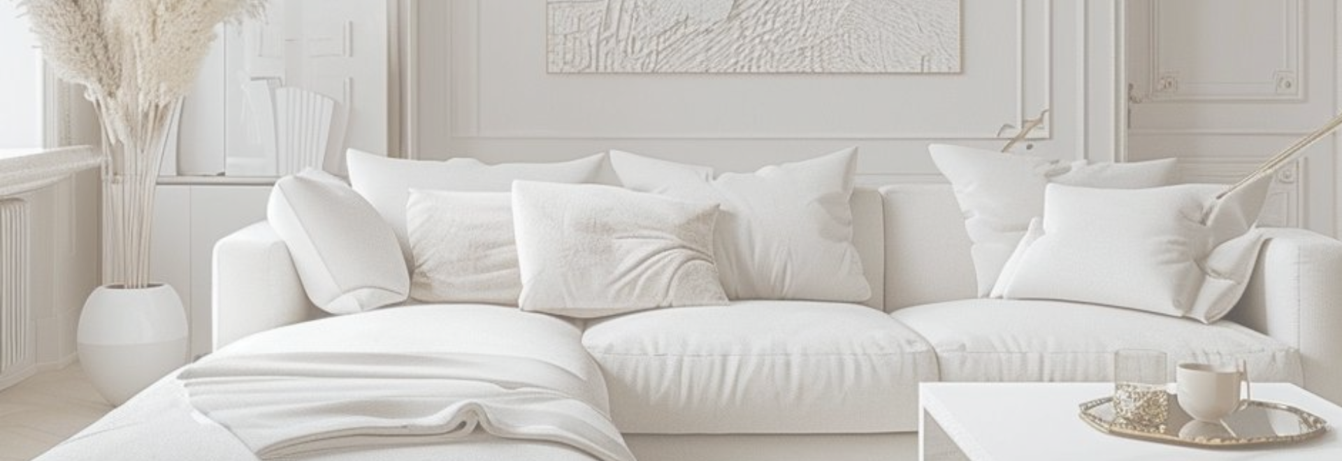 A white sofa with multiple white pillows in a bright, minimalist living room with white walls and decor.