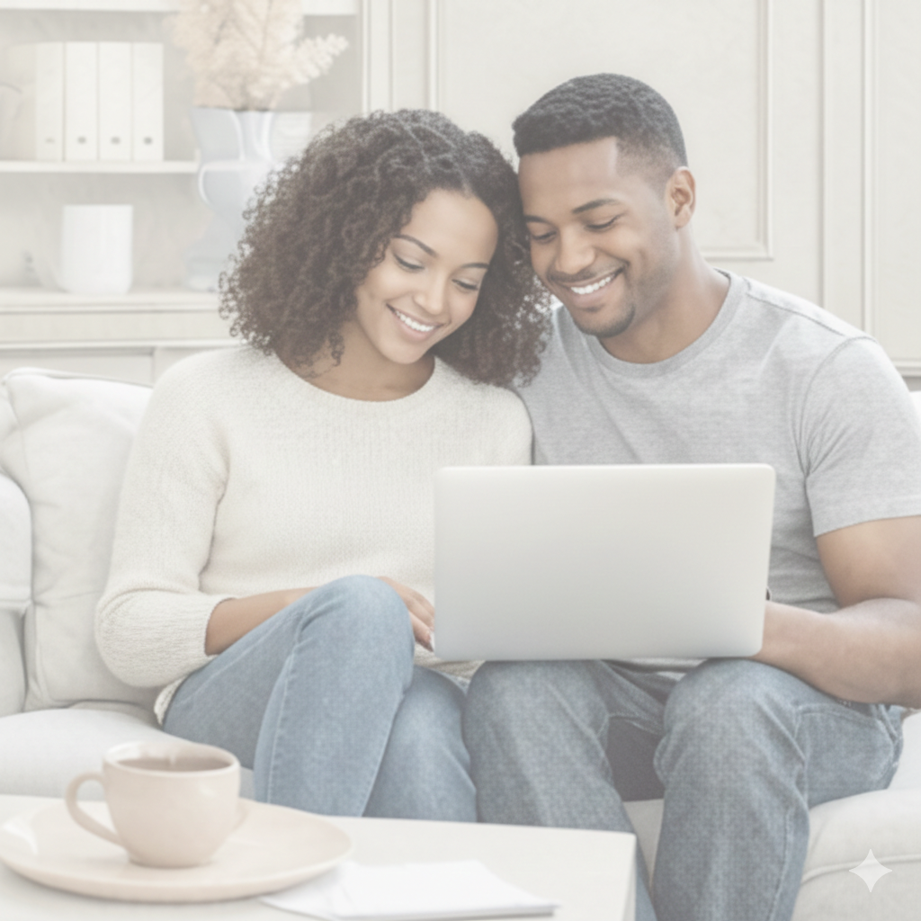A happy young couple sitting on a white couch looking at a laptop together in a cozy, well-lit living room.