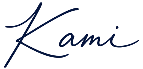 The word 'Kami' written in elegant, cursive blue script on a black background.