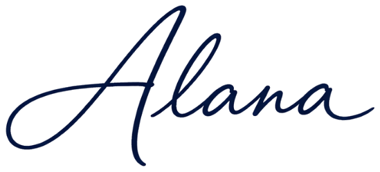 The word 'Alana' written in elegant, cursive blue script on a black background.