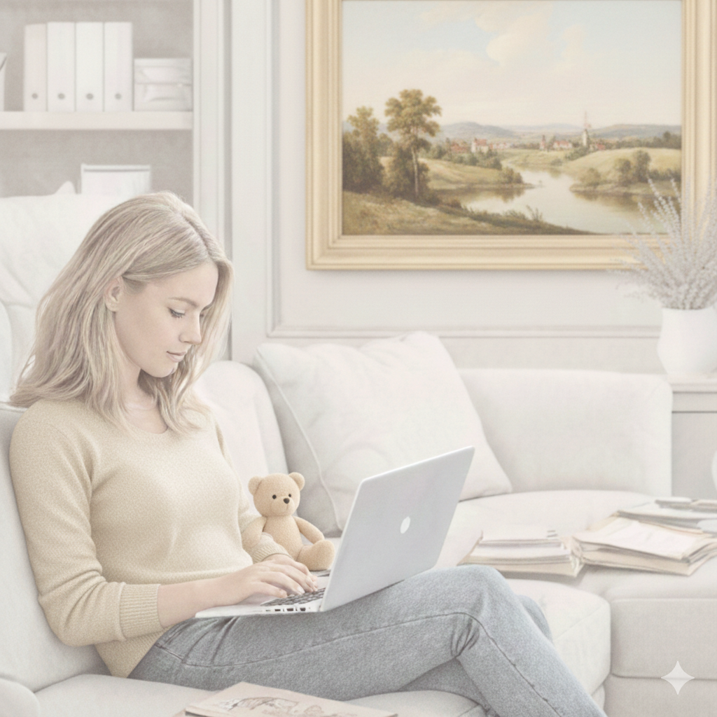 A young woman with blonde hair sitting on a white couch, working on a silver laptop with a small teddy bear beside her, in a room with a landscape painting on the wall and stacks of papers on a side table.
