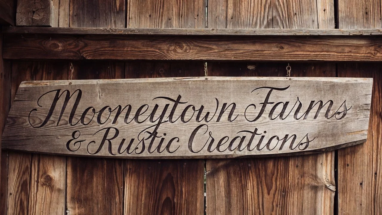 Wooden sign reading 'Moentown Farms & Rustic Creations' hanging on a wooden fence.