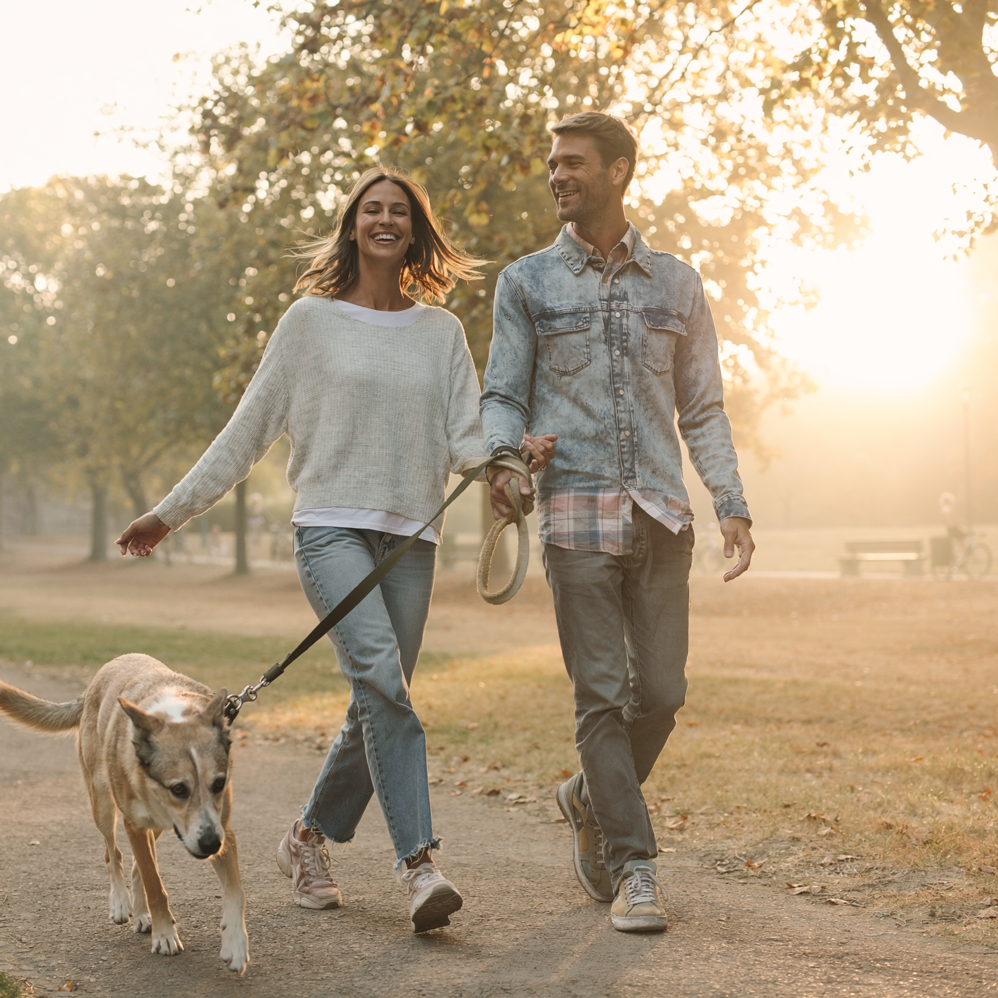 Ein glückliches Paar geht im Park mit einem Hund bei Sonnenuntergang spazieren.