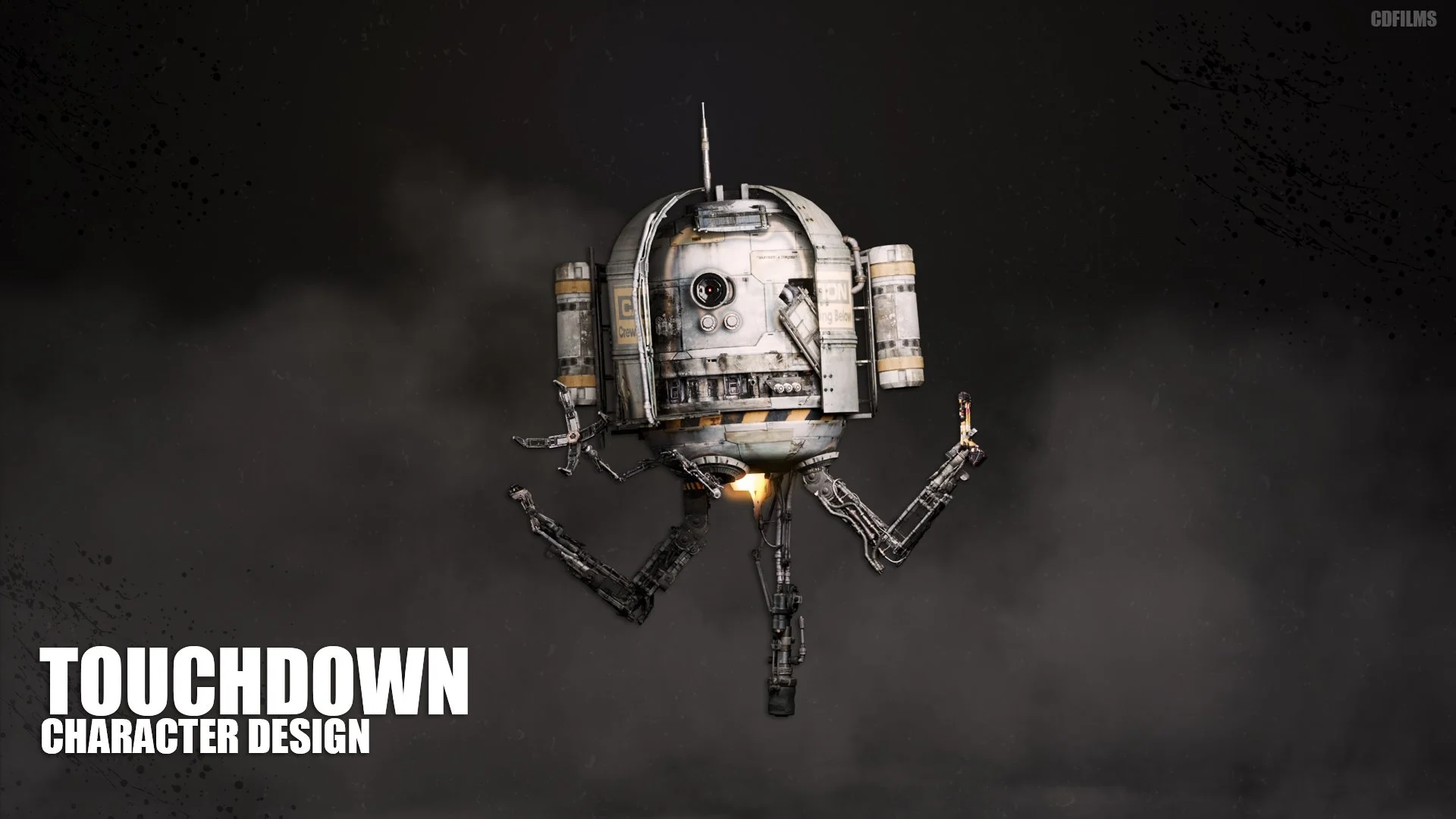Touchdown character design featuring a small, weathered spherical exploration robot with mechanical legs, arms, side-mounted tanks, and a glowing underside thruster