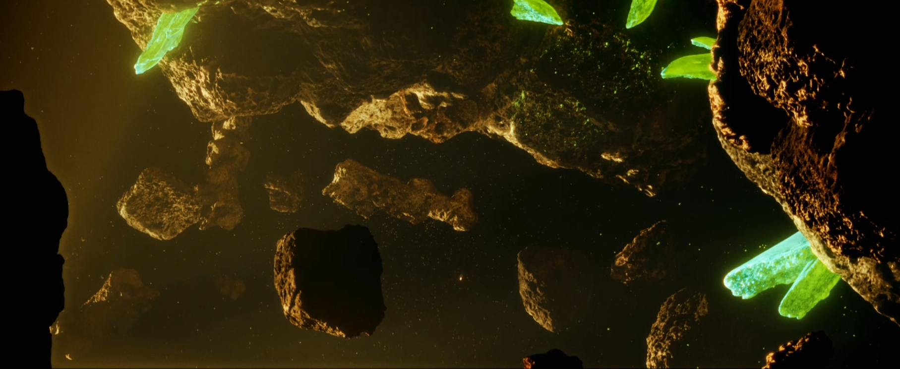 Glowing green crystals embedded in dark rocky cave walls and surrounded by floating stones