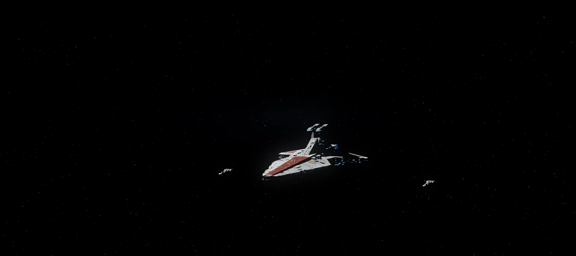Futuristic red and white spaceship flying through a star-filled space scene with two smaller spacecraft nearby