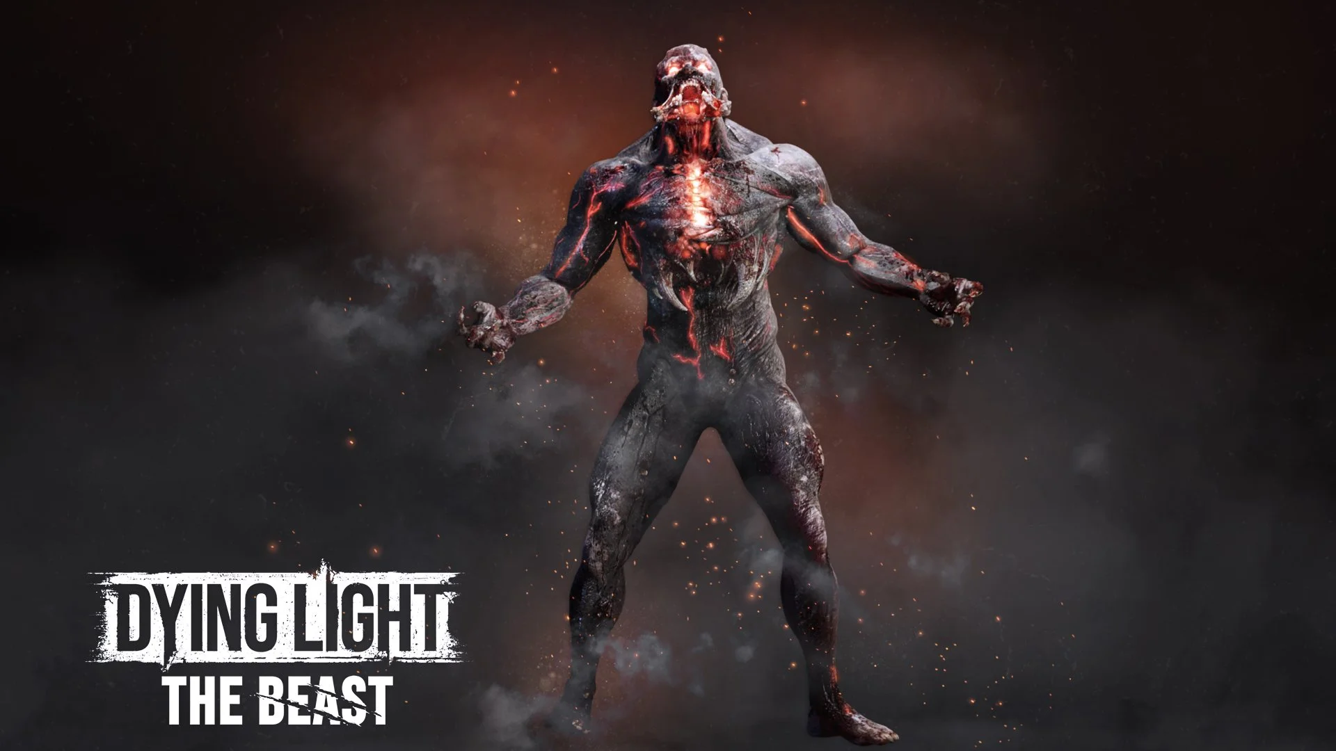 Dying Light: The Beast promotional artwork featuring a muscular, grotesque monster with glowing red cracks amid smoke and embers