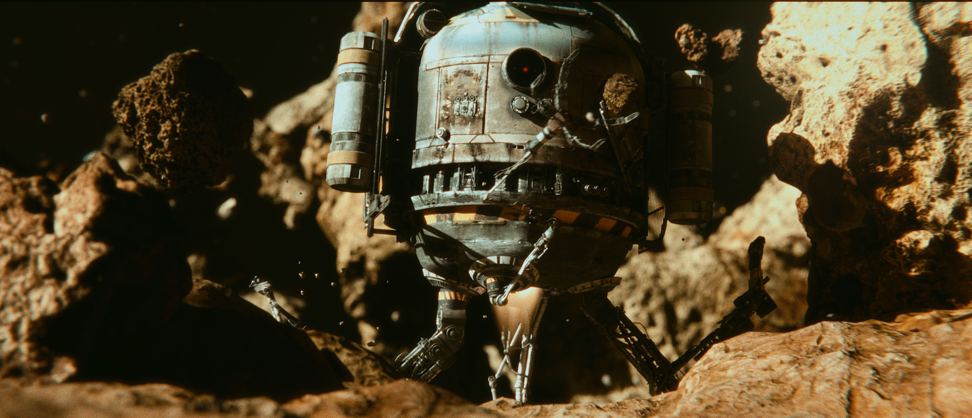Futuristic robotic spacecraft or lunar lander navigating a rocky asteroid field