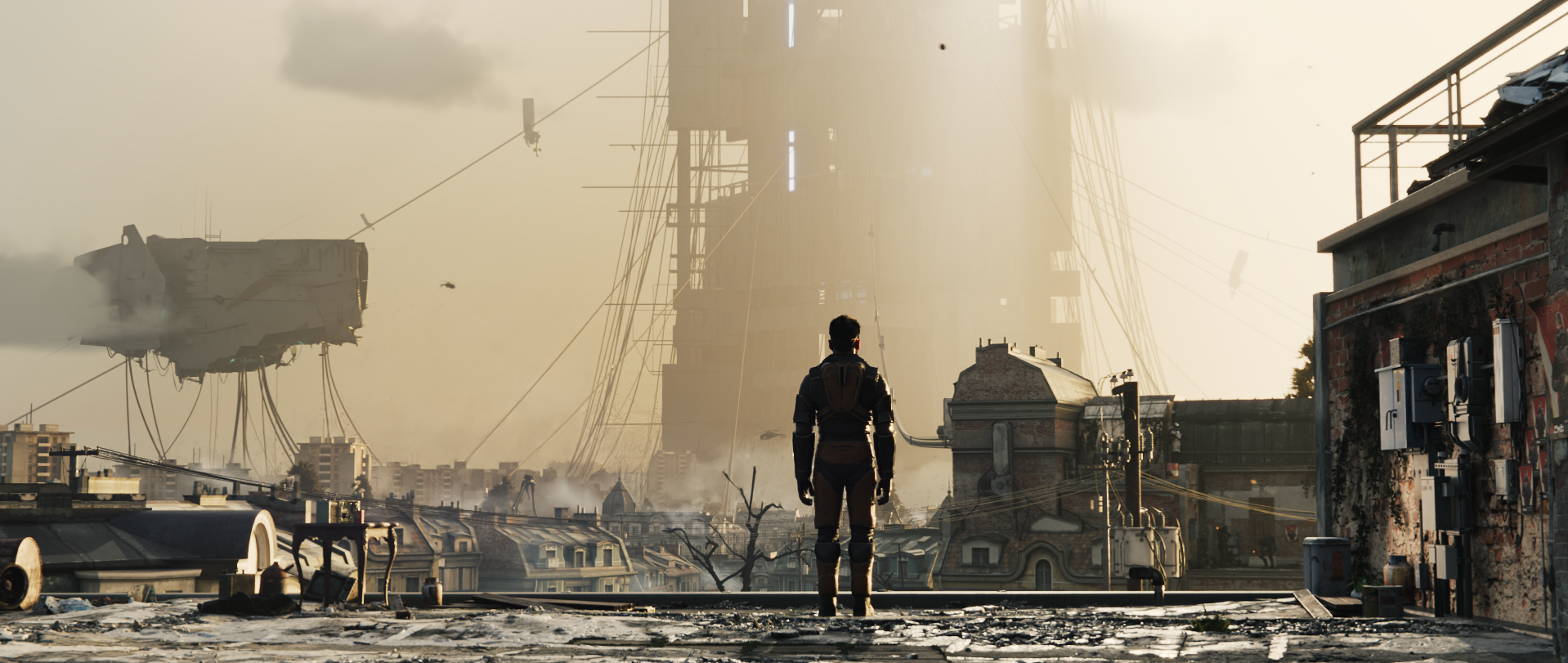 Armored figure overlooking a hazy futuristic city with a massive hovering spacecraft and construction structures.