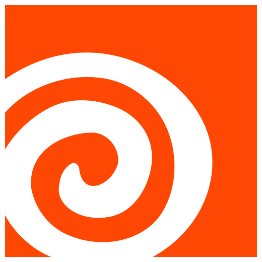 White spiral logo on a bright orange square background