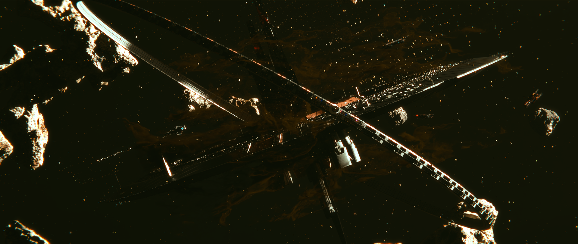 Futuristic spacecraft with long solar panels orbiting in deep space