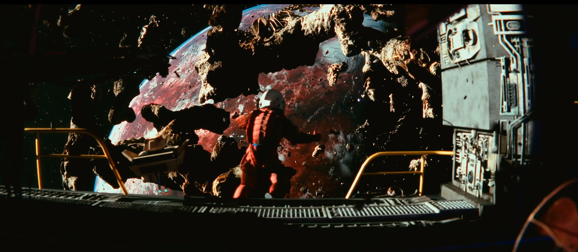 Astronaut in a red spacesuit standing on a spacecraft platform amid floating asteroids, with a red-and-blue planet in the background.