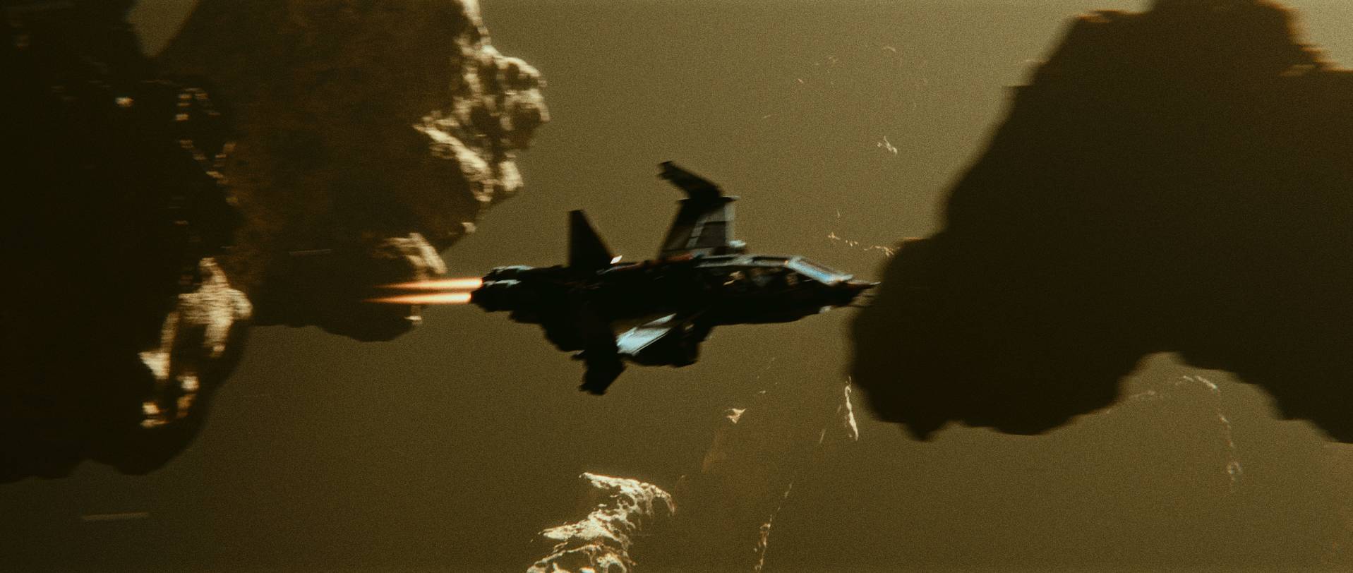 Futuristic spacecraft flying through a rocky canyon with glowing engines