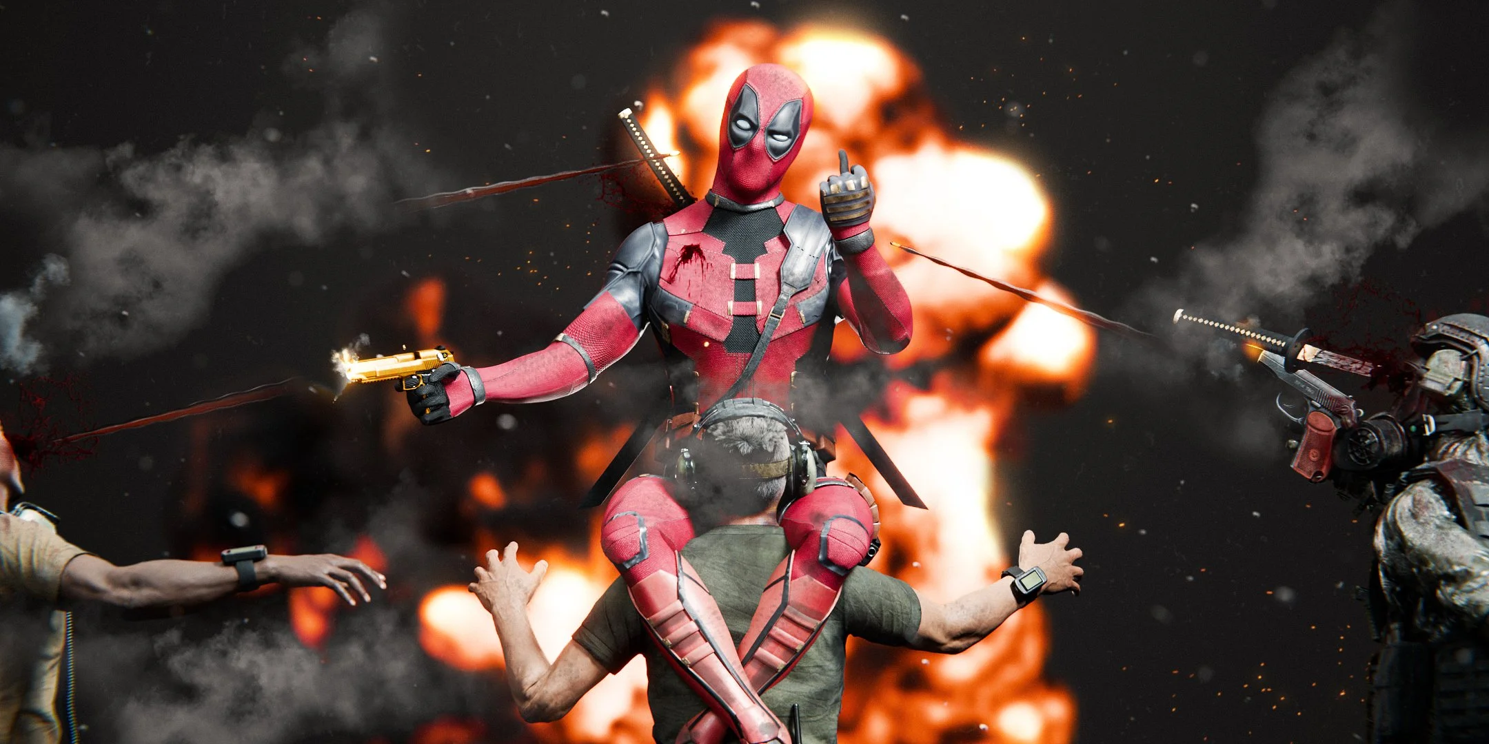 Deadpool in a red-and-black suit holding a gold pistol and surrounded by explosions, smoke, and armed enemies