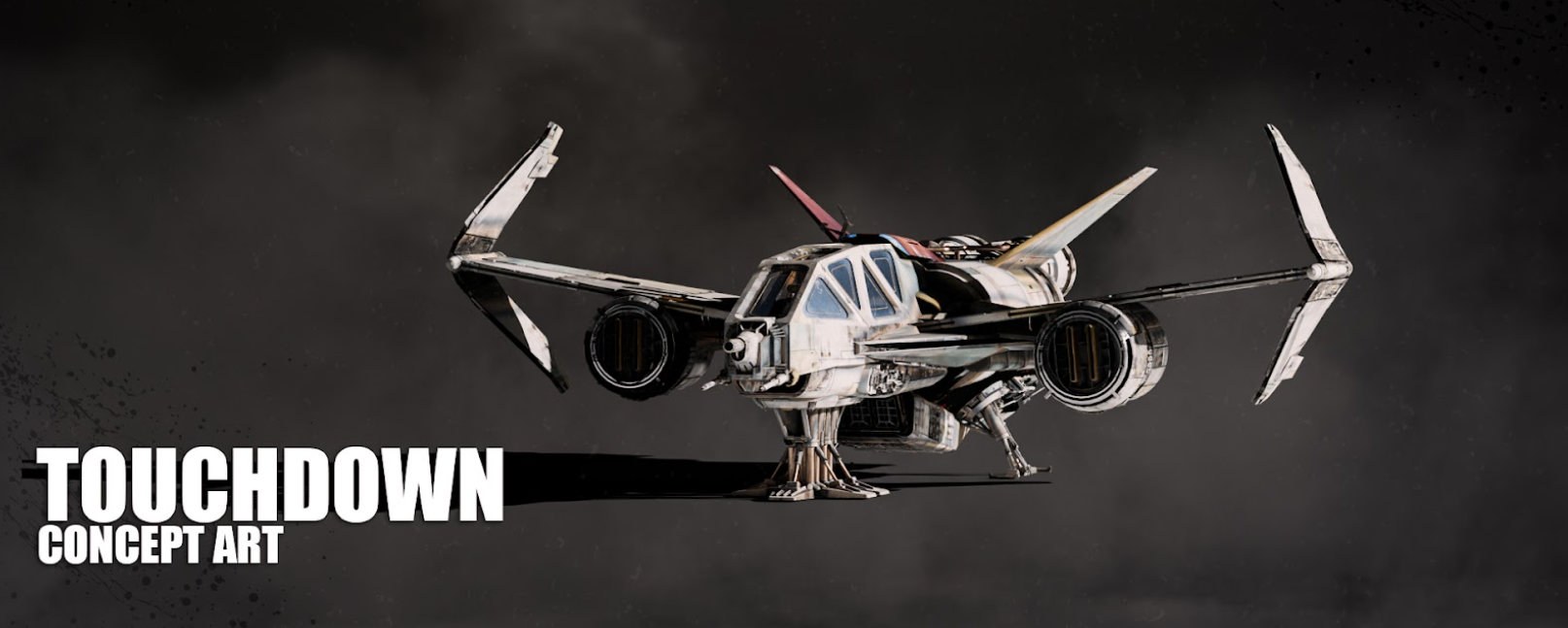 Futuristic spaceship concept art labeled “Touchdown Concept Art,” shown hovering against a dark background.