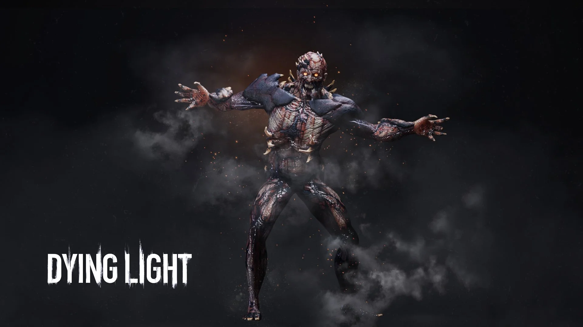 Dying Light promotional artwork featuring a menacing, horned zombie emerging through smoke and sparks