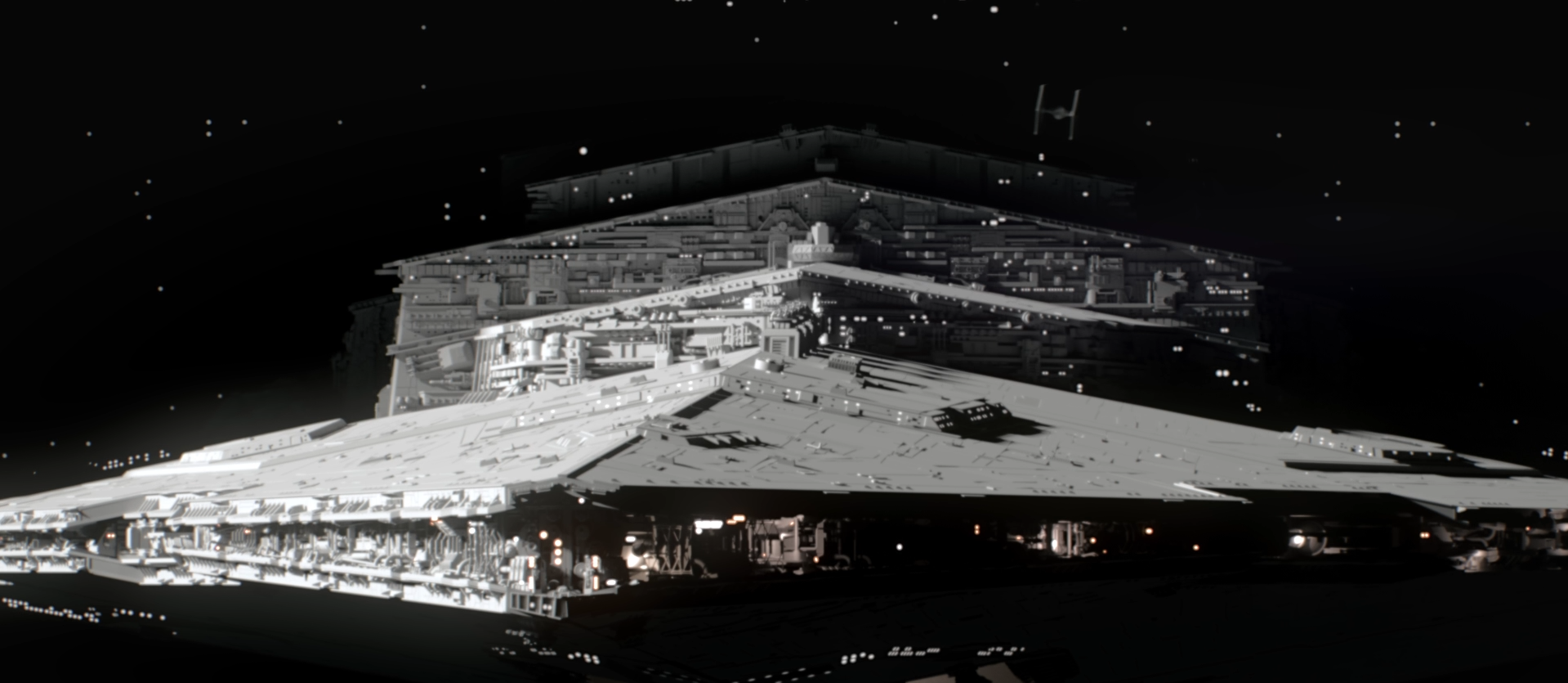 Large futuristic Star Destroyer spacecraft flying through deep space among stars