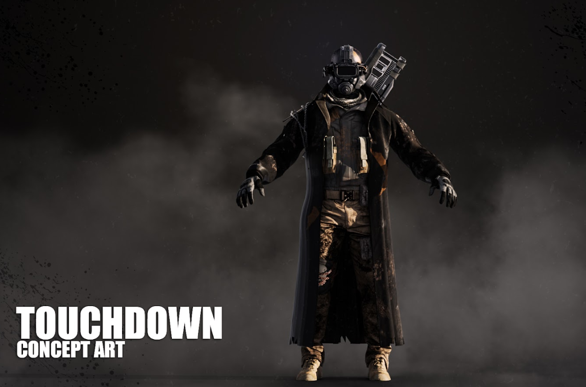 Touchdown concept art featuring a futuristic armored figure in a gas mask, tactical coat, and backpack against a smoky dark background