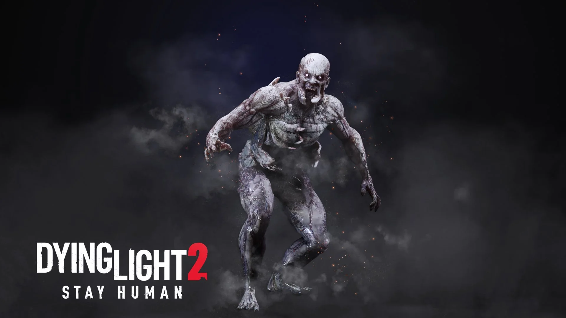 Promotional artwork for Dying Light 2: Stay Human featuring a snarling zombie emerging through smoke and sparks.