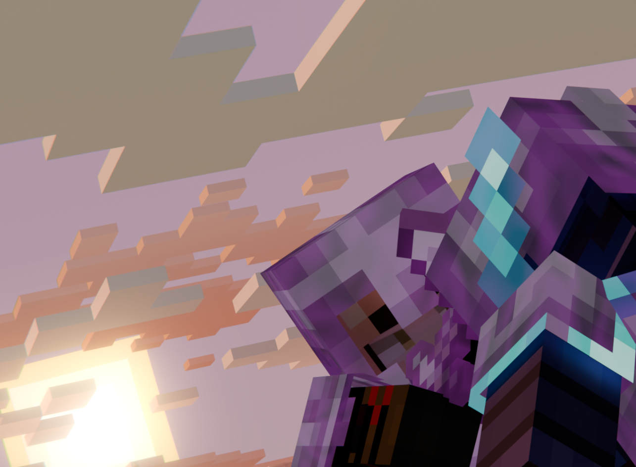 Low-poly purple armored character with cyan accents against a glowing sunset sky