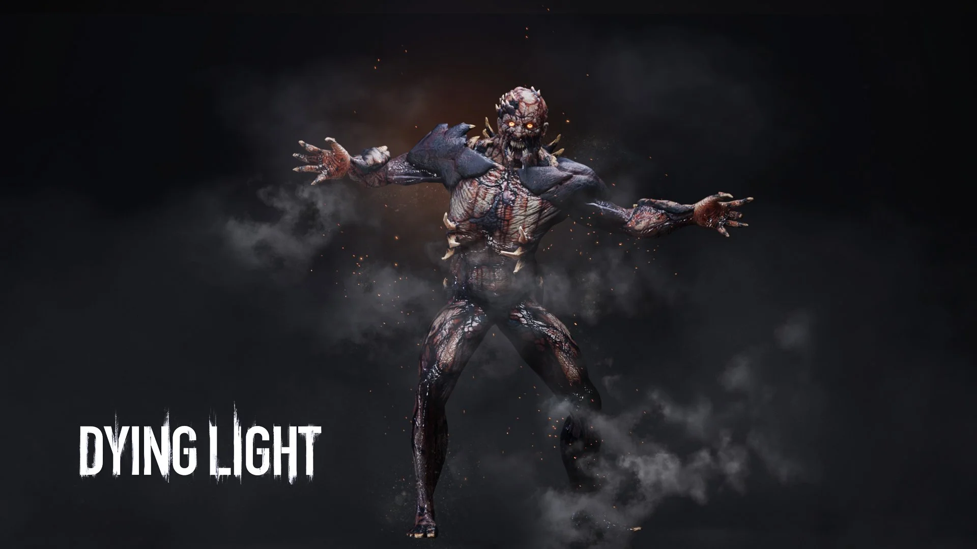 Dying Light promotional artwork featuring a snarling, glowing-eyed zombie monster surrounded by smoke and sparks