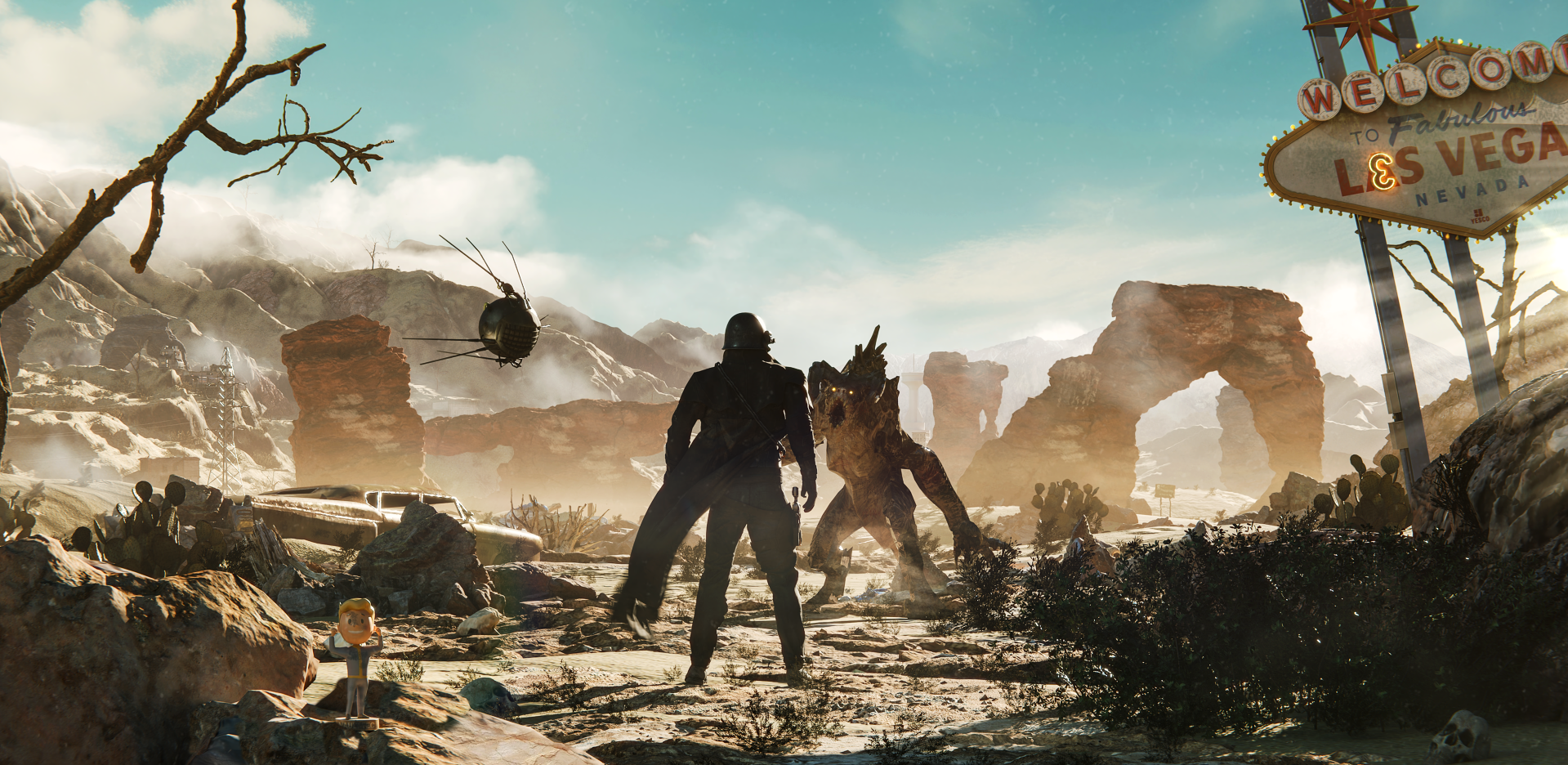 Post-apocalyptic desert scene with a silhouetted traveler confronting a monster beneath the Las Vegas welcome sign