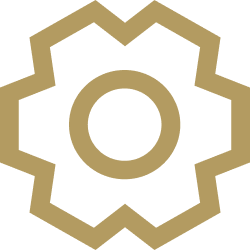 A stylized gear icon with a central circle, featuring a black background and gold outline.
