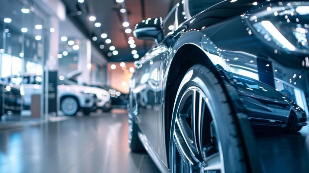 Close-up of a shiny black luxury car in a well-lit car dealership showroom with other cars in the background.