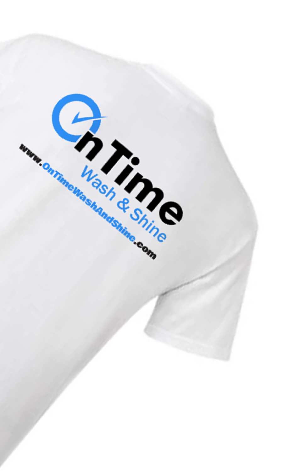 A white T-shirt with the logo and branding of a company called 'On Time Wash & Shine', including a blue circular logo and website URL.