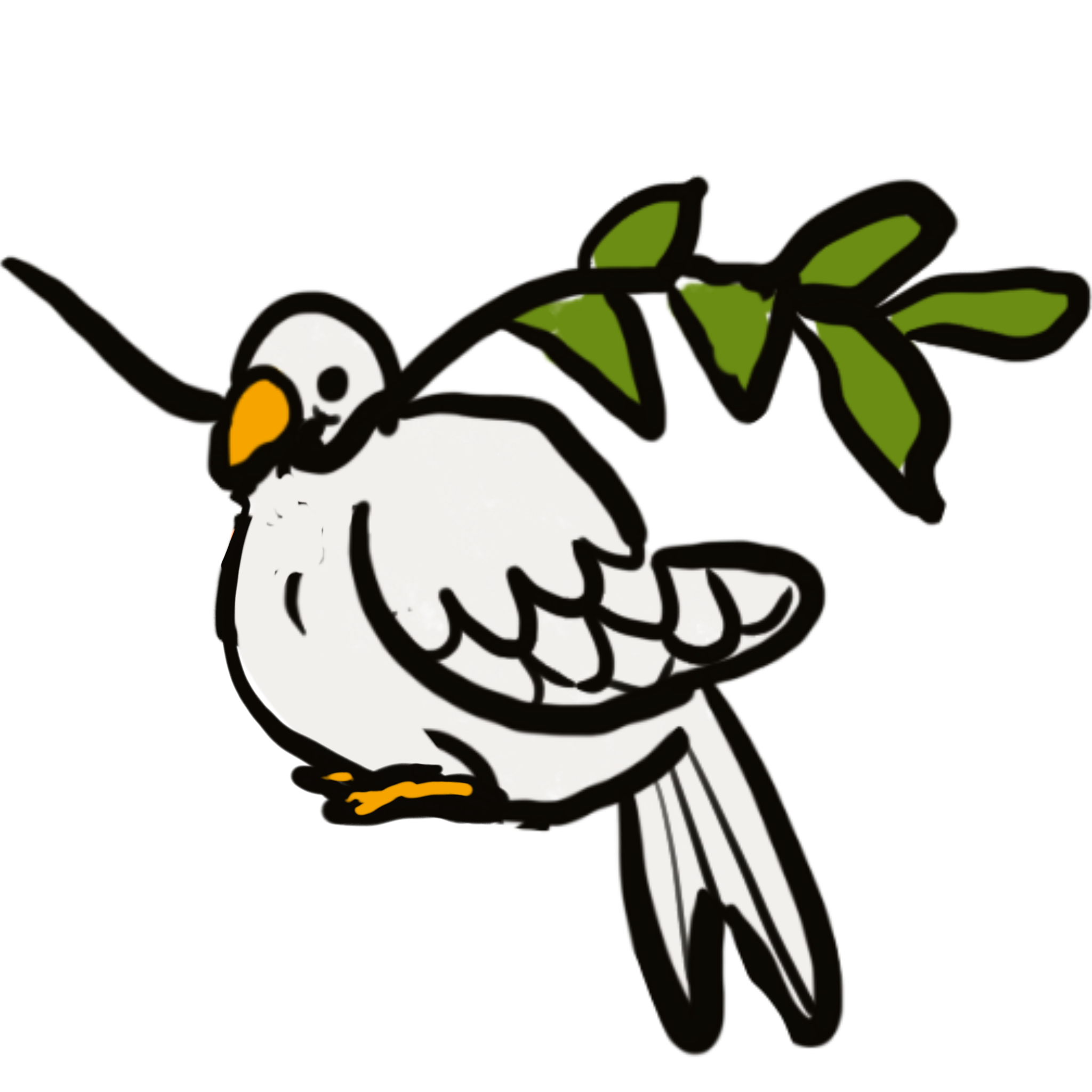 A cartoon white dove with black outlines and an orange beak, with a peaceful olive branch in its beak.