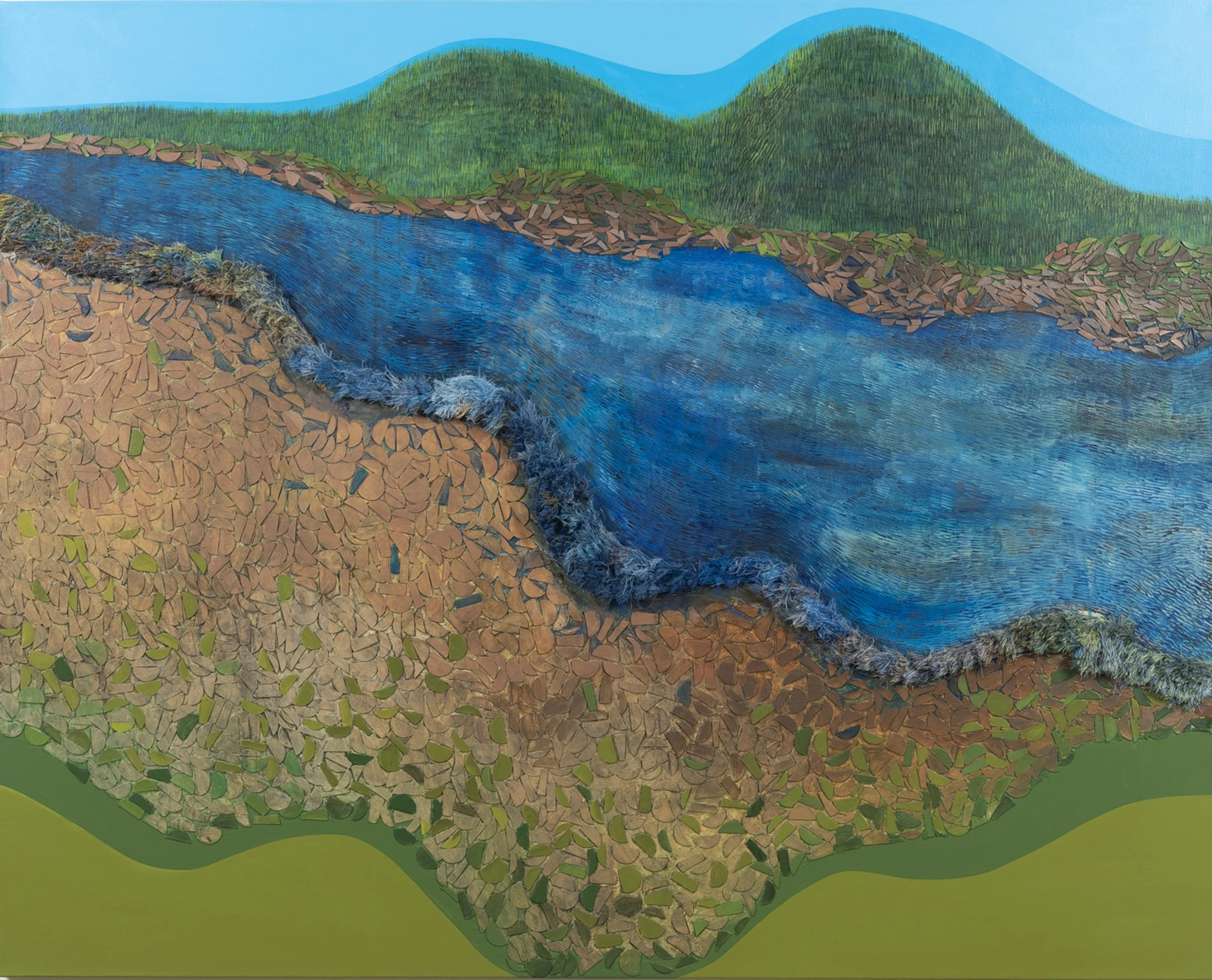 Dry Creek / acrylic + found objects (cardboard, thread) / 5’ x 4’ 