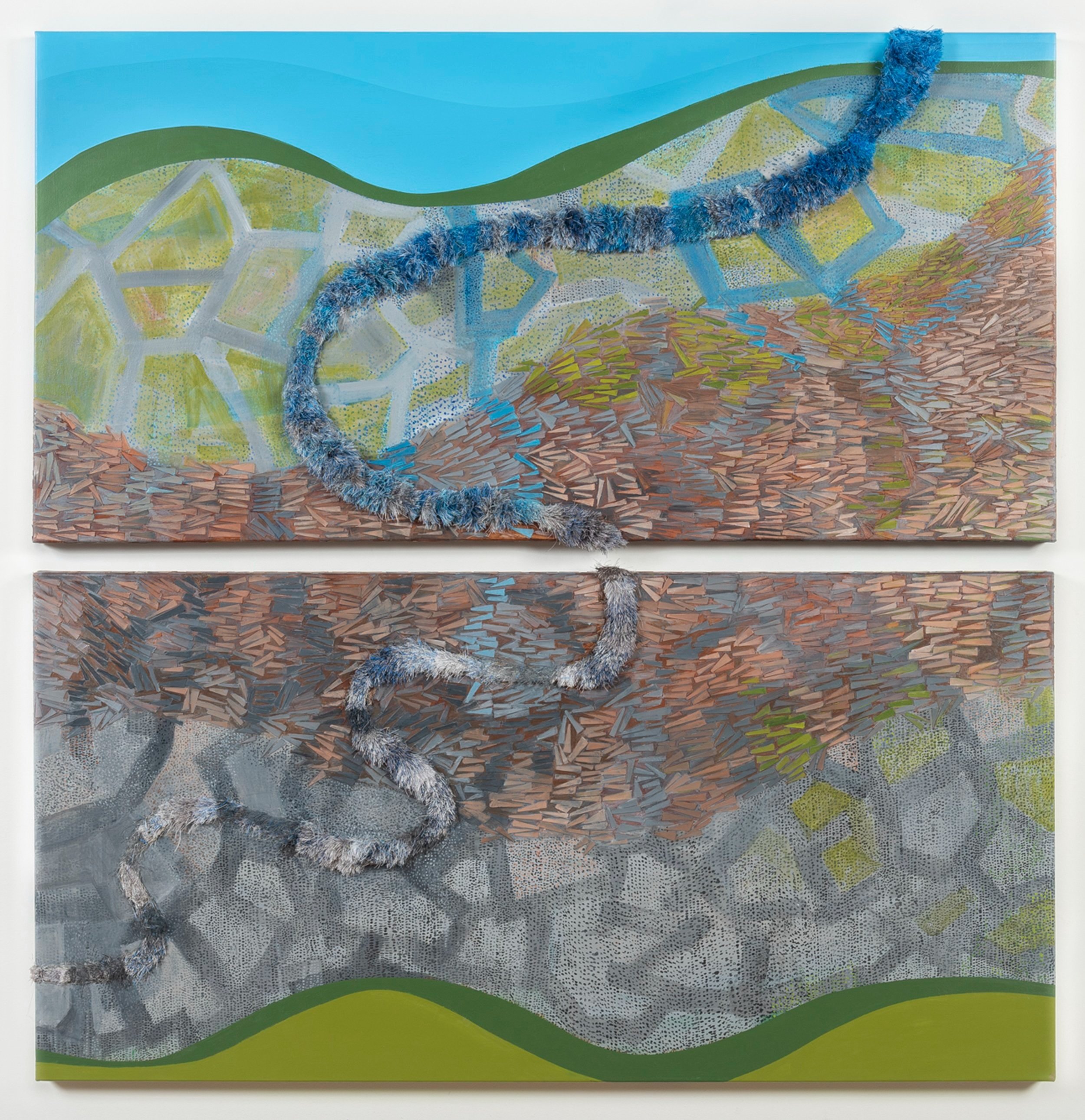 Salt Deposits / acrylic + found objects (cardboard, thread) / diptych 4’  4.5’