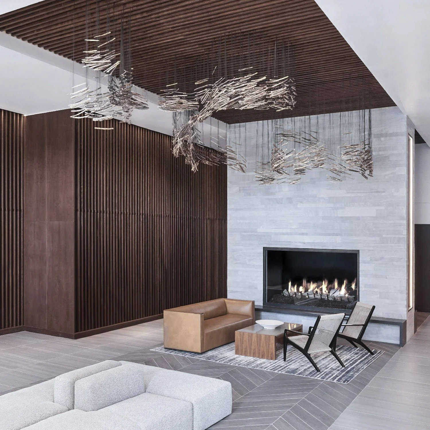 Murmuration is a contemporary Public Art Installation by Theresa Clowes. A large-scale suspended sculpture featuring organic, floating cottonwood sticks hanging from a dark wood-slatted ceiling in a modern Denver residential lobby with a fireplace an