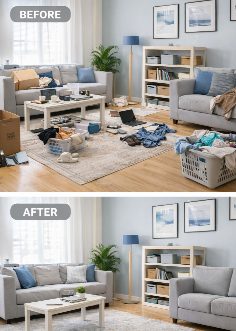 Before and after images of a tidy living room, showing a cluttered space with laundry baskets, books, clothing, and boxes in the 'before' image, and a neat, organized room with a clean coffee table, arranged pillows, and no clutter in the 'after' image.