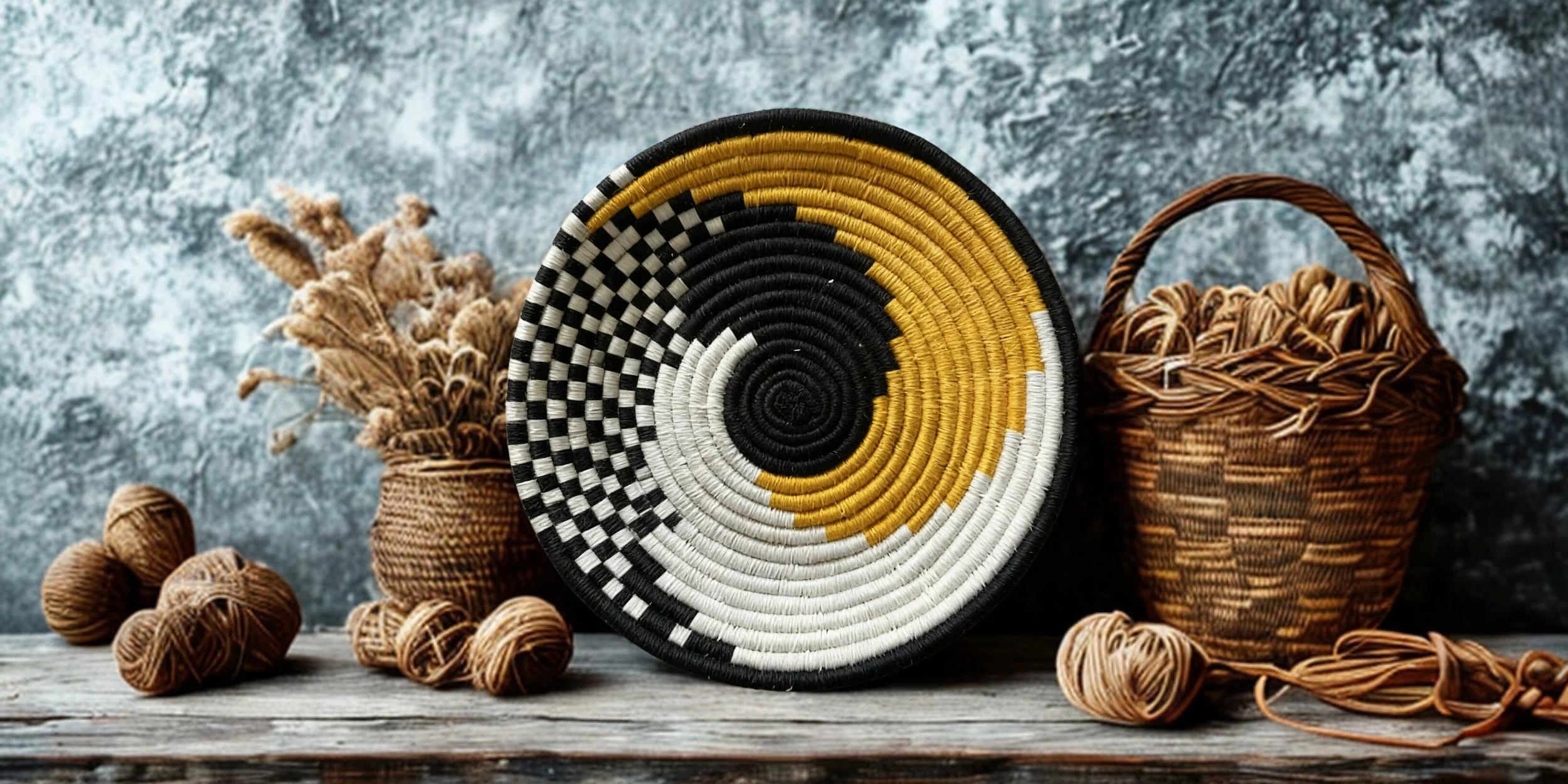 Decorative basket with black, white, and yellow geometric pattern, surrounded by wicker baskets and balls of yarn on a wooden surface against a textured gray background.