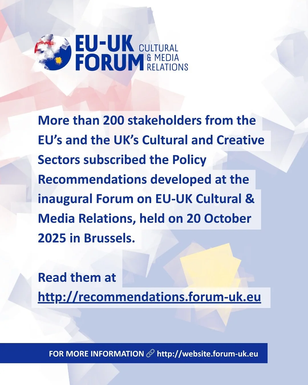 Swipe to read! 

We are happy to share the following joint Policy Recommendations to strengthen EU-UK relations: http://recommendations.forum-uk.eu

More than 200 stakeholders from the EU&rsquo;s and the UK&rsquo;s Cultural and Creative Sectors (CCS)
